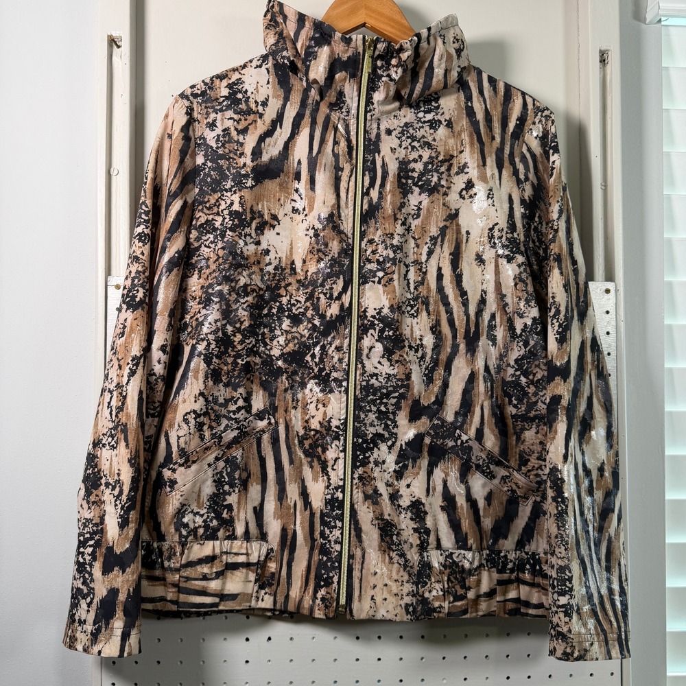 Zenergy by Chicos Animal Print Metallic Full Zip Jacket Brown Tan Size 2 L